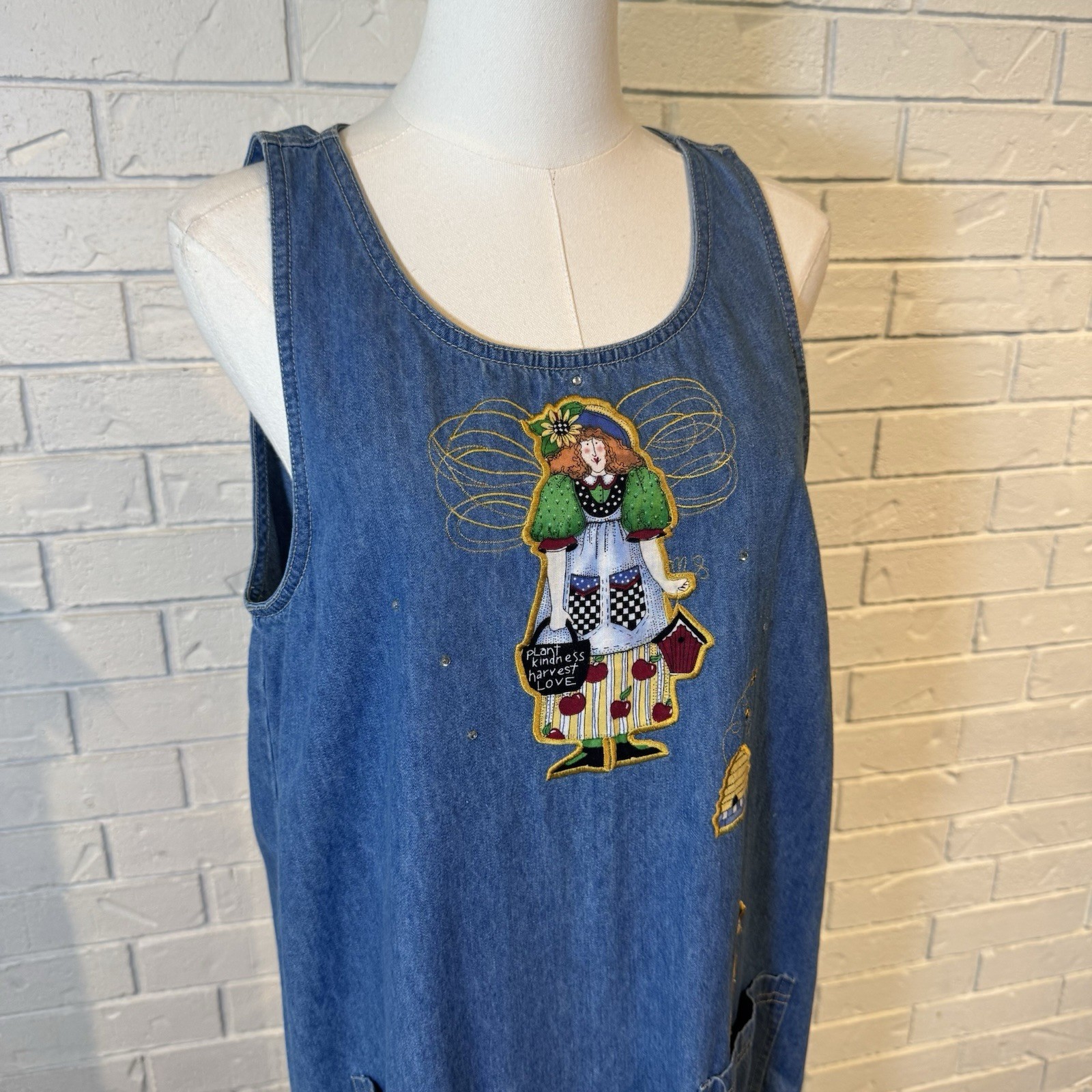 Vintage 90s The Quacker Factory Embroidered Appliqué Denim Pinafore Dress M