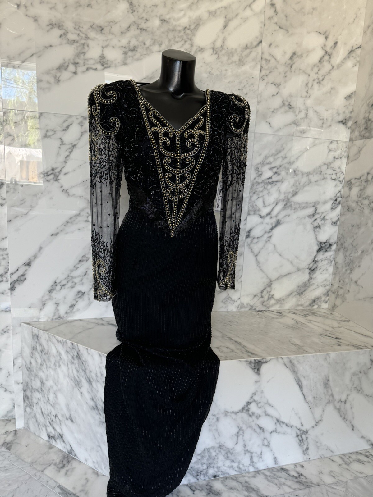 Nina Canacci Formal Wedding Cocktail Black /Gold Beaded Evening Gown