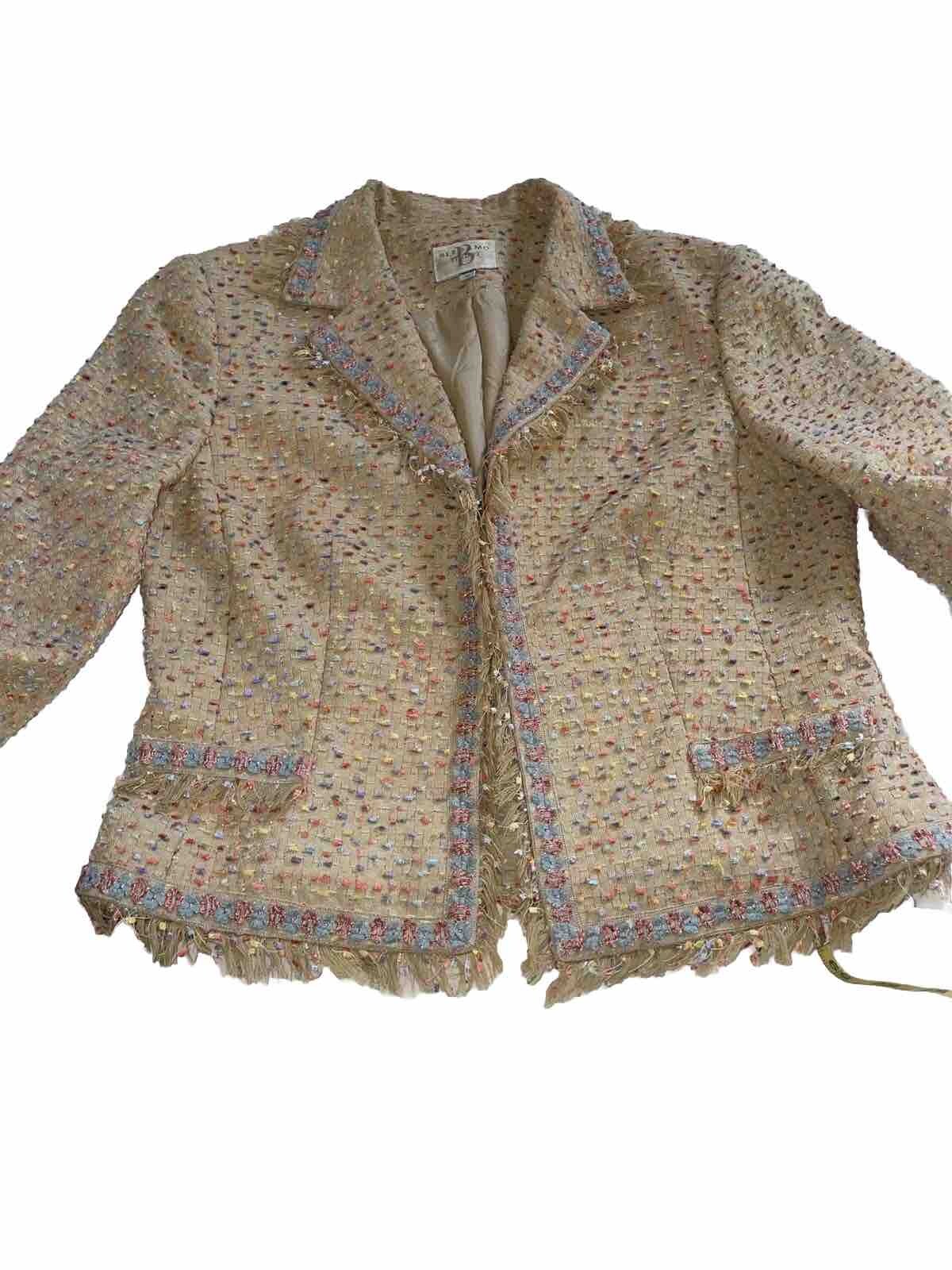 Bergamo Studio Beige Cream Tweed Blazer Size 10 Cropped Confetti Jacket Fringe