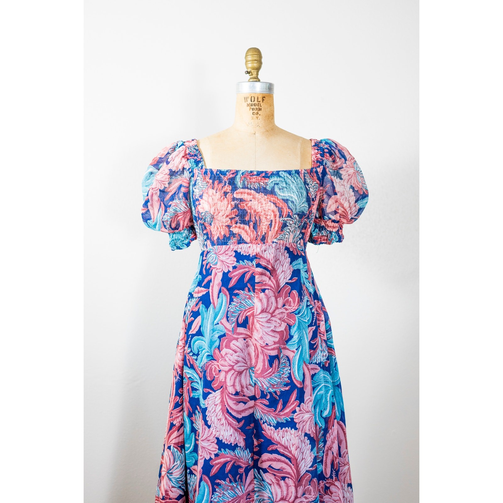 Vintage 70s Puff Sleeve Floral Maxi Dress Pink Blush Blue, Sheer Muslin Gauze XS