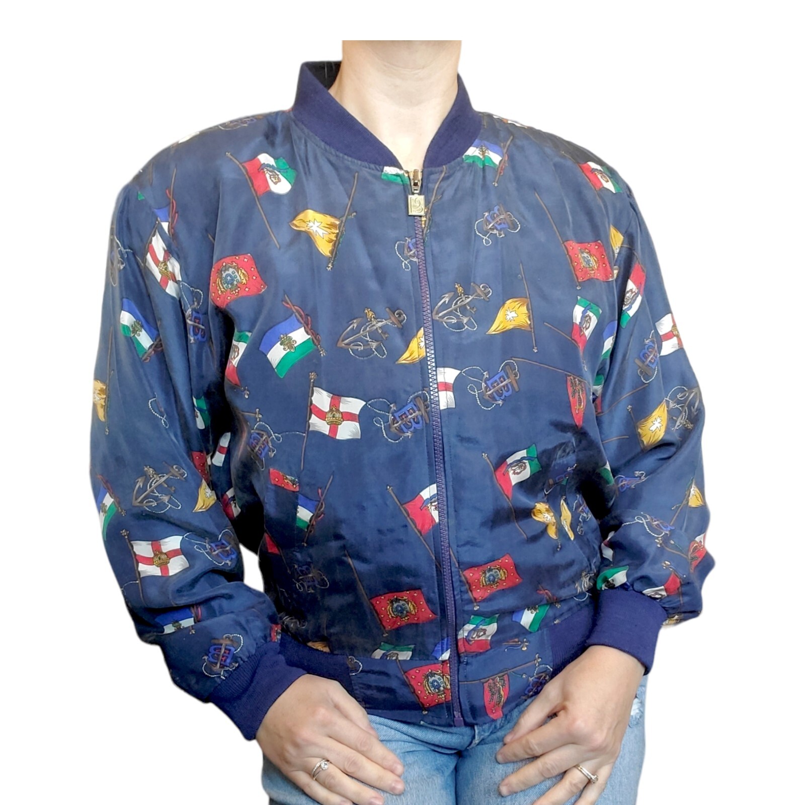 Vintage 90s Navy Blue Silk Womens Bomber Jacket S/M Flags Nautical Yacht