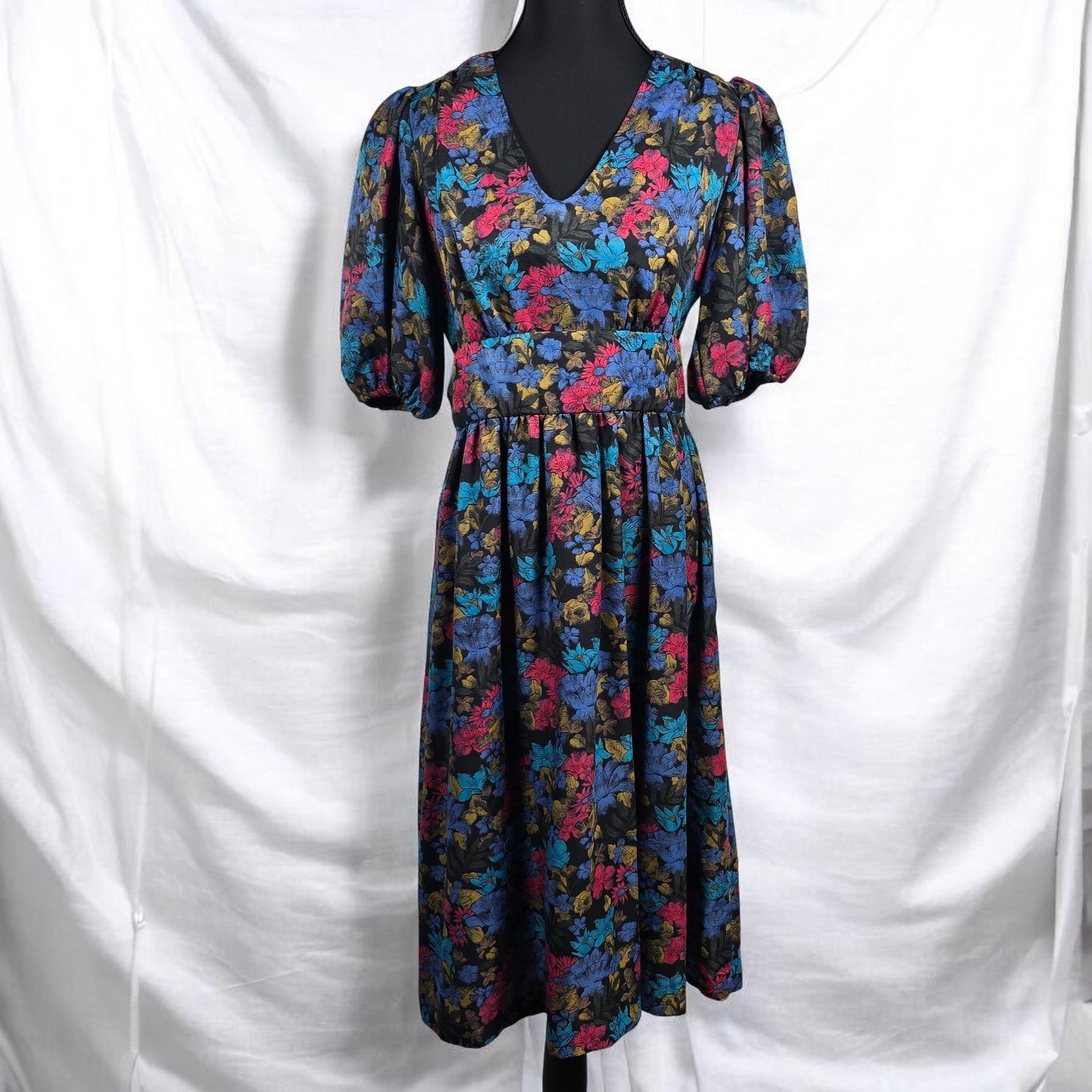 Virgo II Vintage Floral Puff Sleeve Midi Dress V-Neck Tie Waist Made in USA MED?