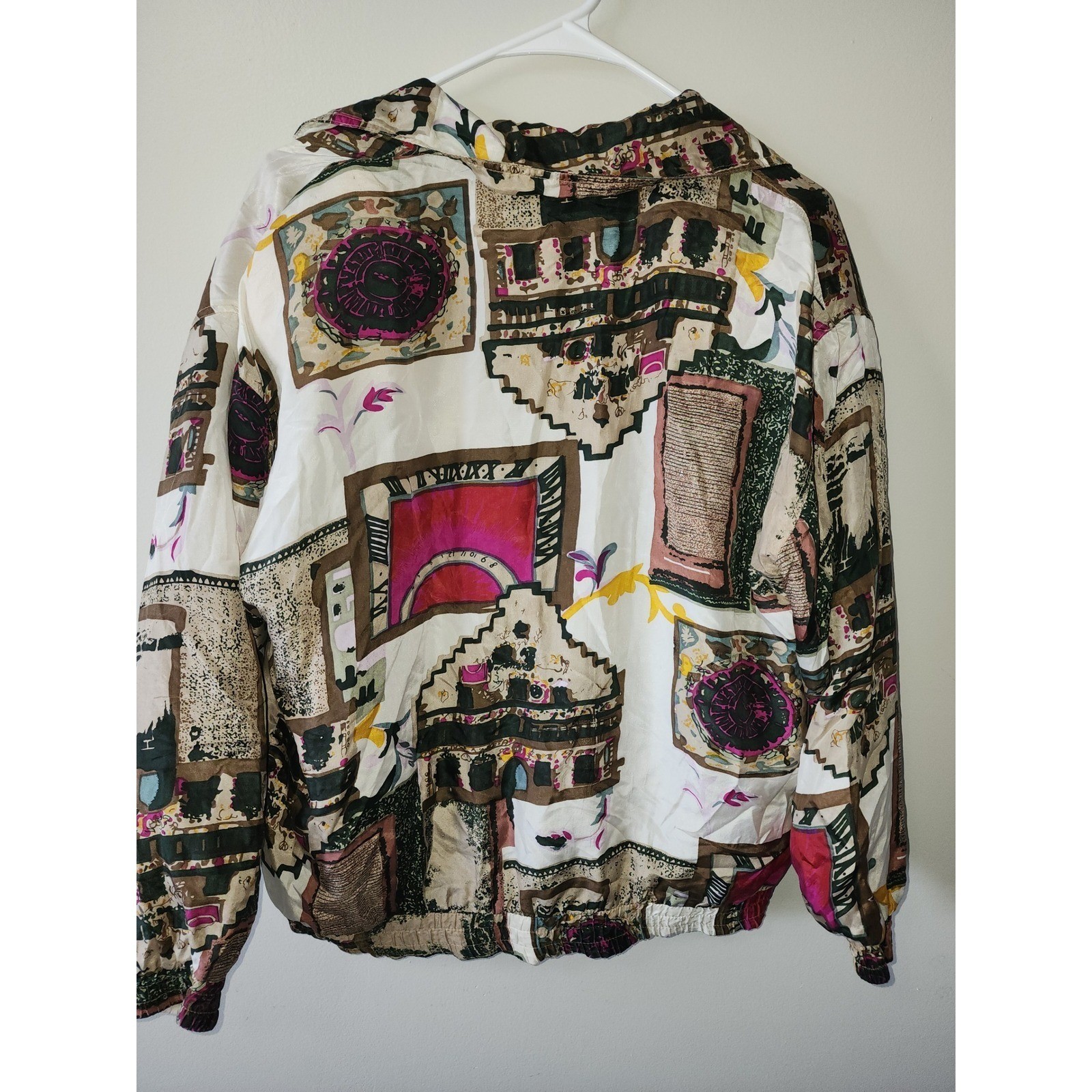 Vintage 90s 100% Silk Abstract Print Bomber Jacket Size S Made in Korea