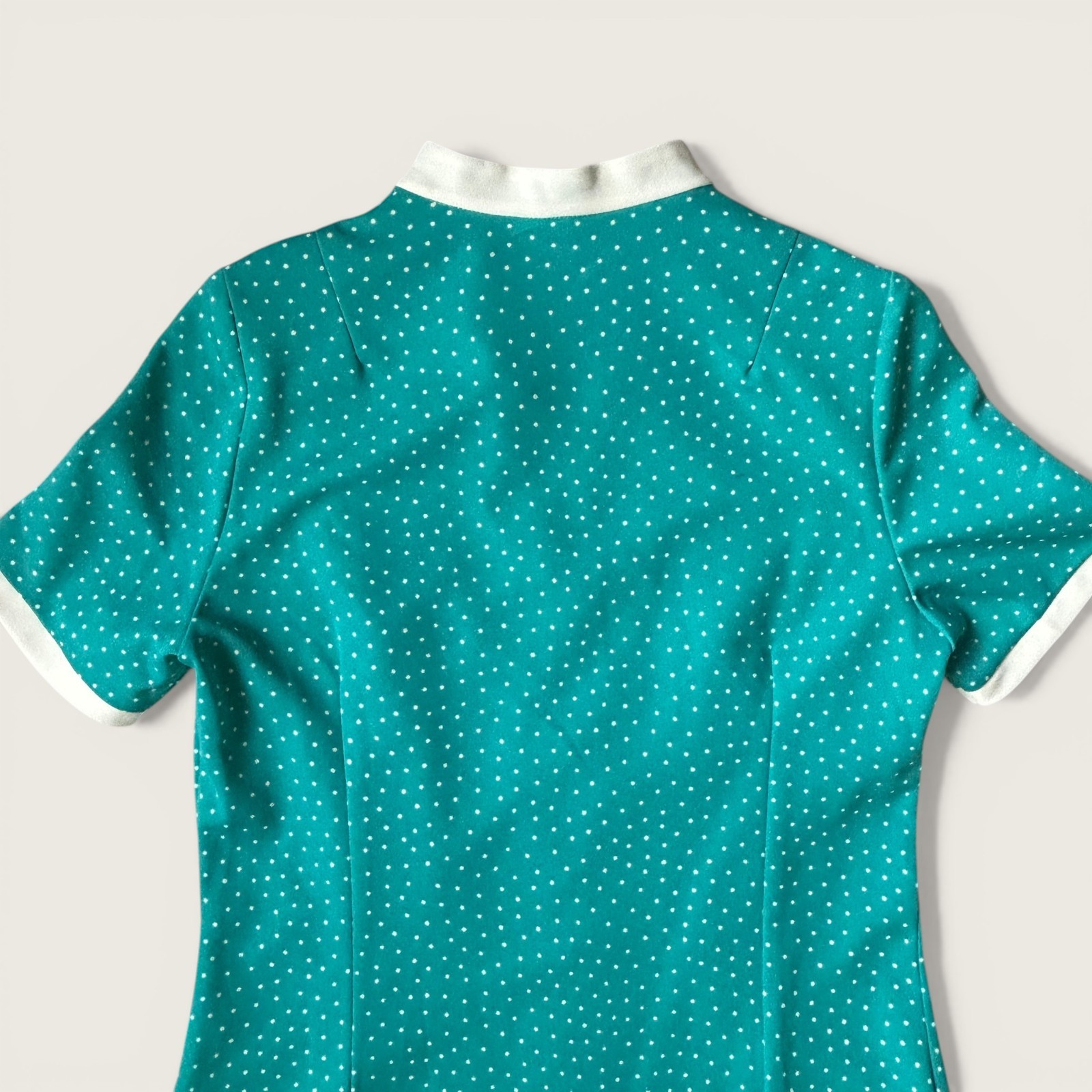 Vintage 1970s Diolen Teal Polka Dot Zip Front Dress Mod Midi Size 42