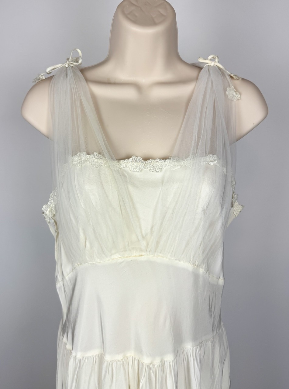 1940s Vintage White Chiffon Overlay Maxi Slip Dress