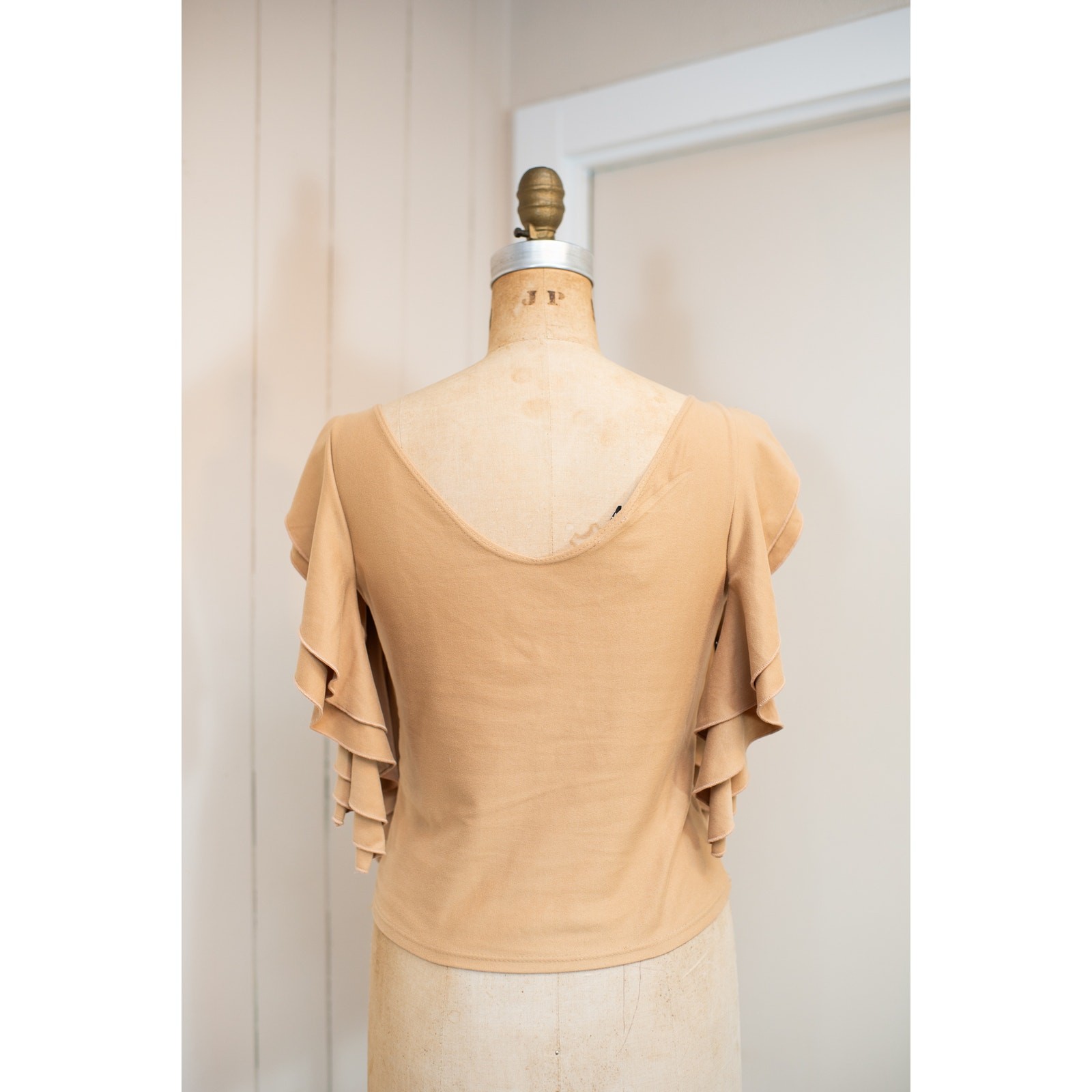 Vintage Y2K Tan Camel Brown Flutter Sleeve Top Fairycore Boho Festival Blouse LG