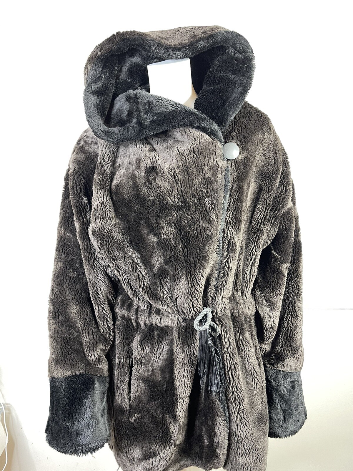 Vintage Henri Bendel New York brown Black faux fur hooded mob wife coat medium L