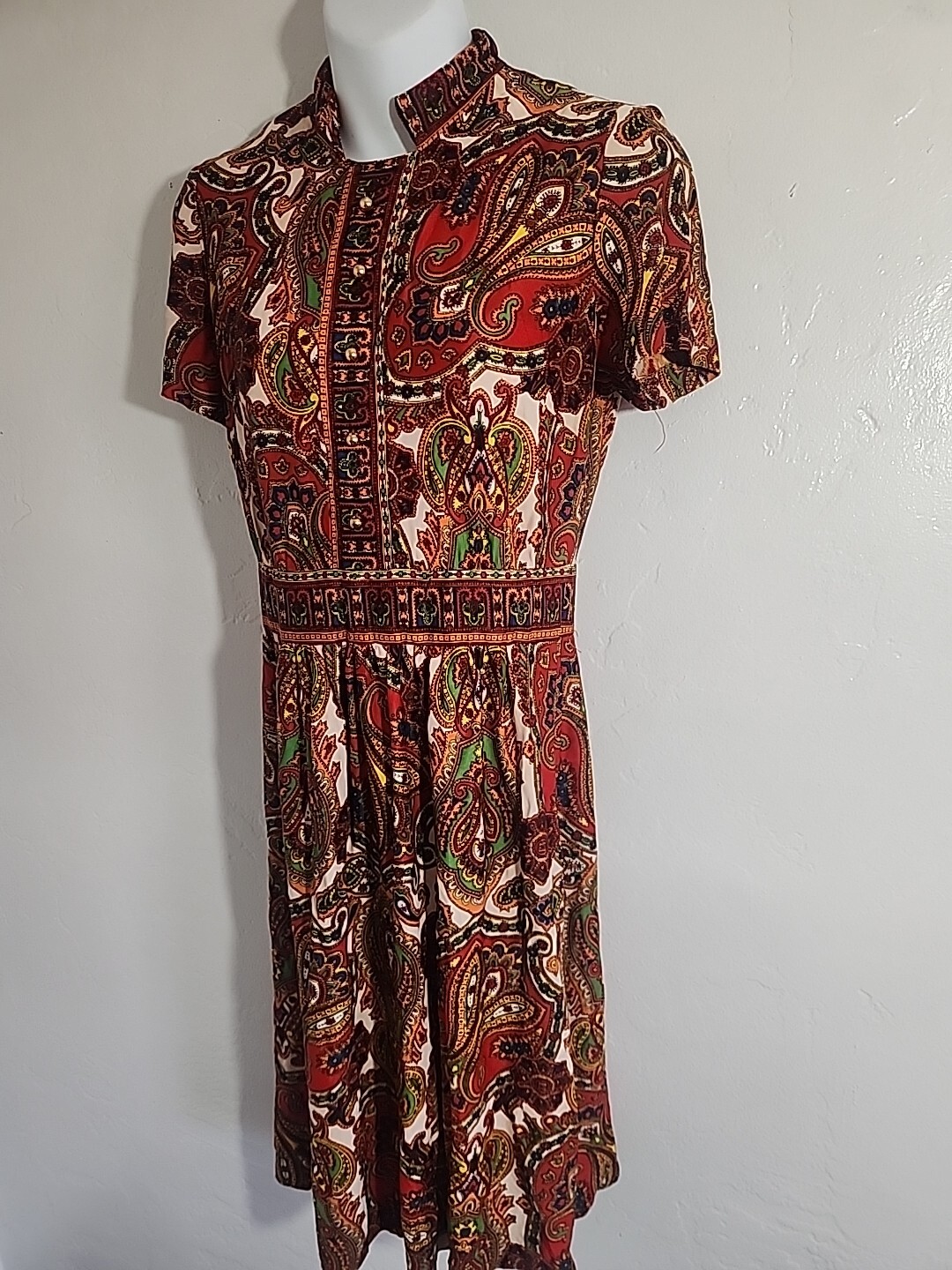 vintage 70’s dress paisly polyester psychedellic jerrie lurie 1970’s hippy 27″ w
