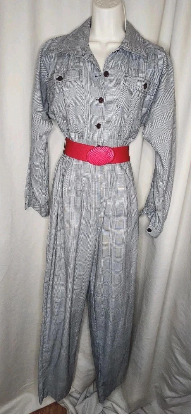 VTG 80s Black & White Houndstooth Check Button Up Jumpsuit w/Red Belt LS Sz S/M