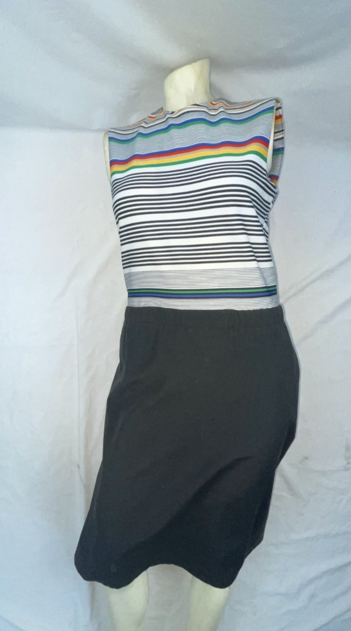VTG 80S WOMENS S RETRO NEW WAVE SLEEVELESS STRIPED BLACK DRESS