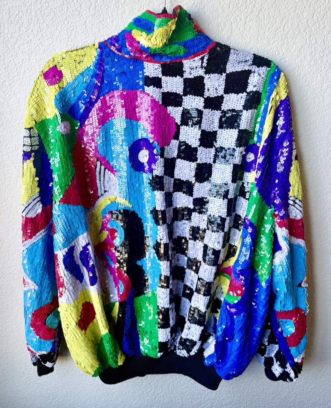 Vintage 80s Sequin Beaded Colorblock Art Deco Zip Jacket Statement Coat Glam XL