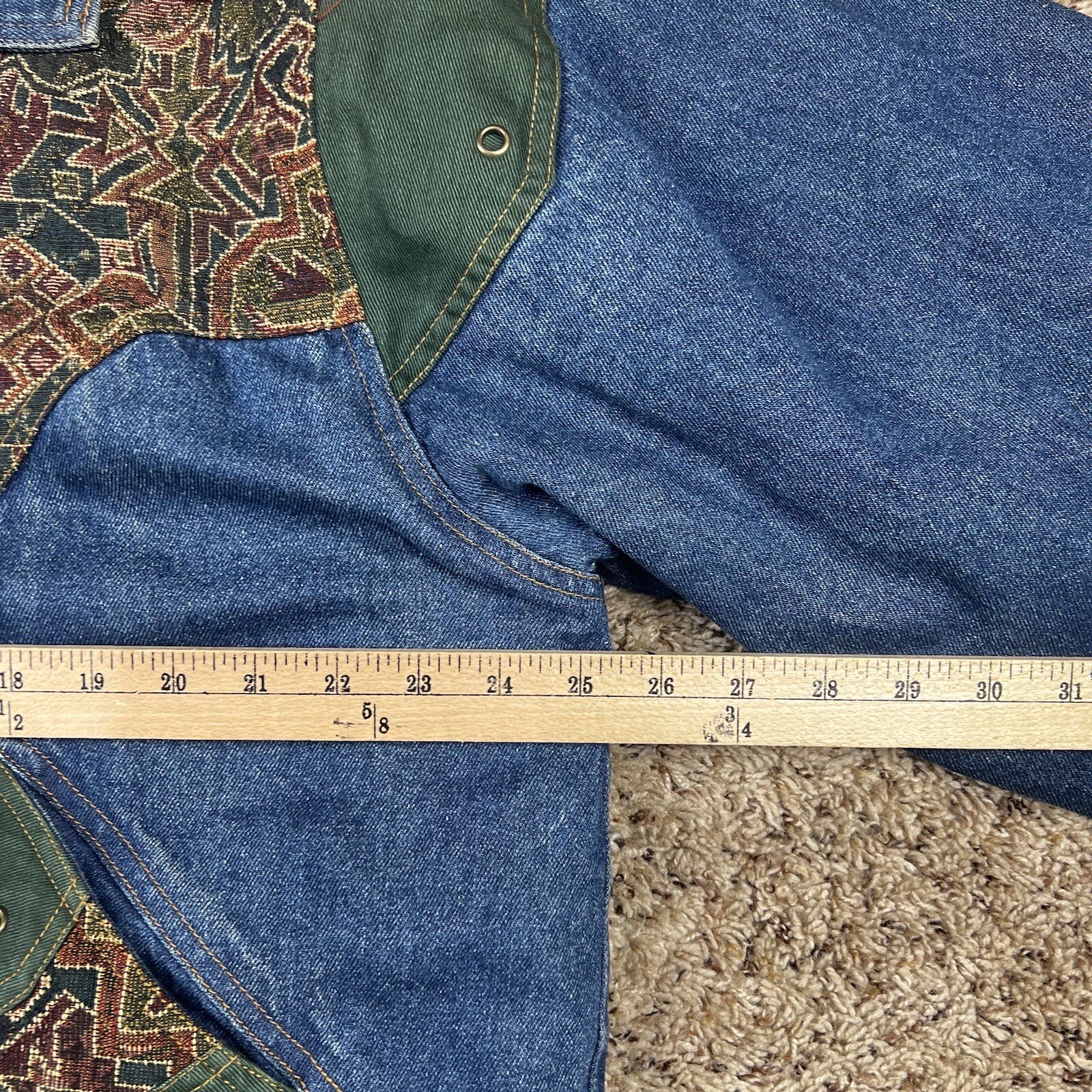Vintage 90s Two Twenty Women’s Blue Denim Patchwork Winter Lined Jacket XL Long