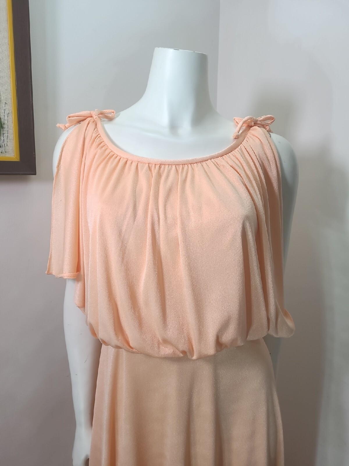 Vintage 70s Grecian Maxi Dress Womens 11/12 Draped Apricot Peach Cottage EASTER