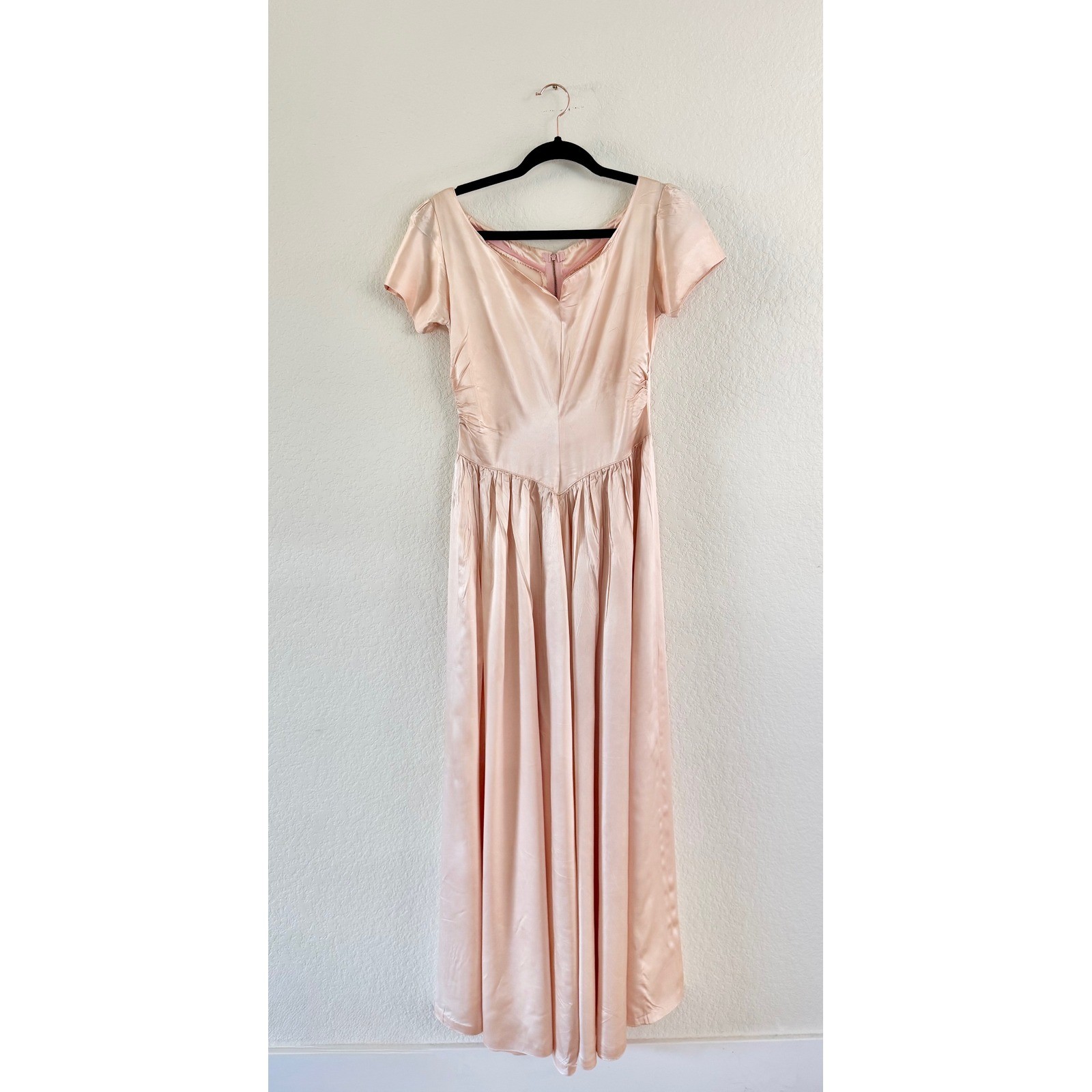 Vintage Blush Pink Satin Maxi Dress Ruched V Waist Formal Gown 40s Womens S