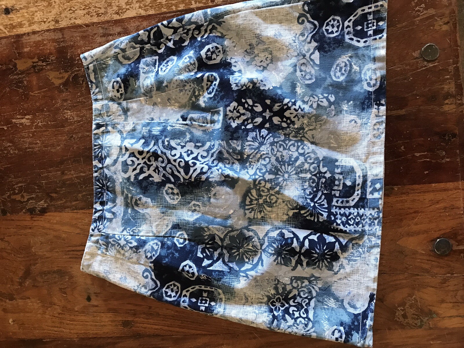 vtg 90s printed tribal denim abstract mini skirt wrap style