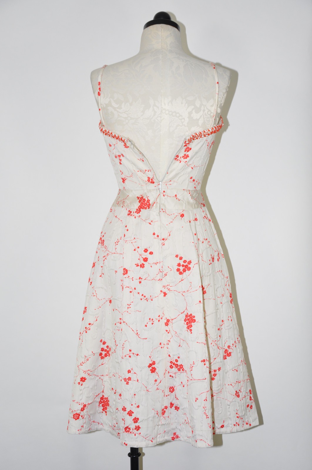 50s Vintage White Red Cherry Blossom Beaded Straps Full Skirt Day Dress Women XS
