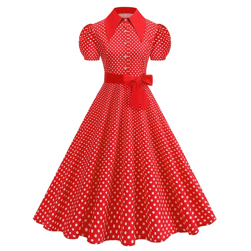 Women’s 50s 60s Retro Lapel Polka Dot Dress Cocktail Party Swing Dresses.