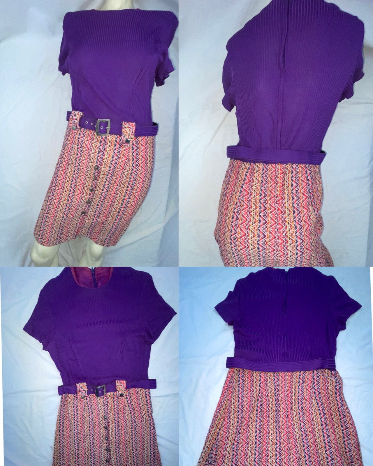VTG 60s WOMENS S PURPLE MULTI ONE PIECE DISCO GOGO POLYESTER KNIT BELTED DRESS