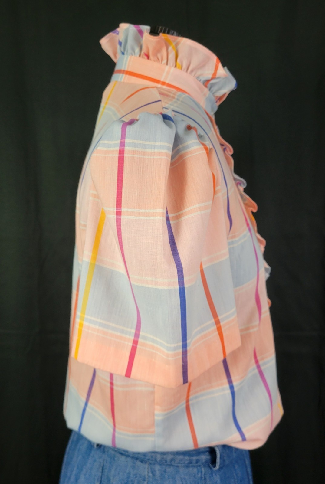 Vtg Lucky Winner Peach/Blue/Pink/Purple Plaid Top w Ruffled Collar Size 11/12