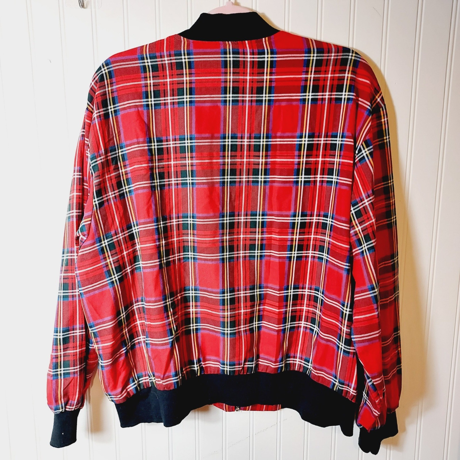 Katie Brooke Bomber Jacket Womens XL Red Plaid Vintage Zip Up Made in USA Ribbed