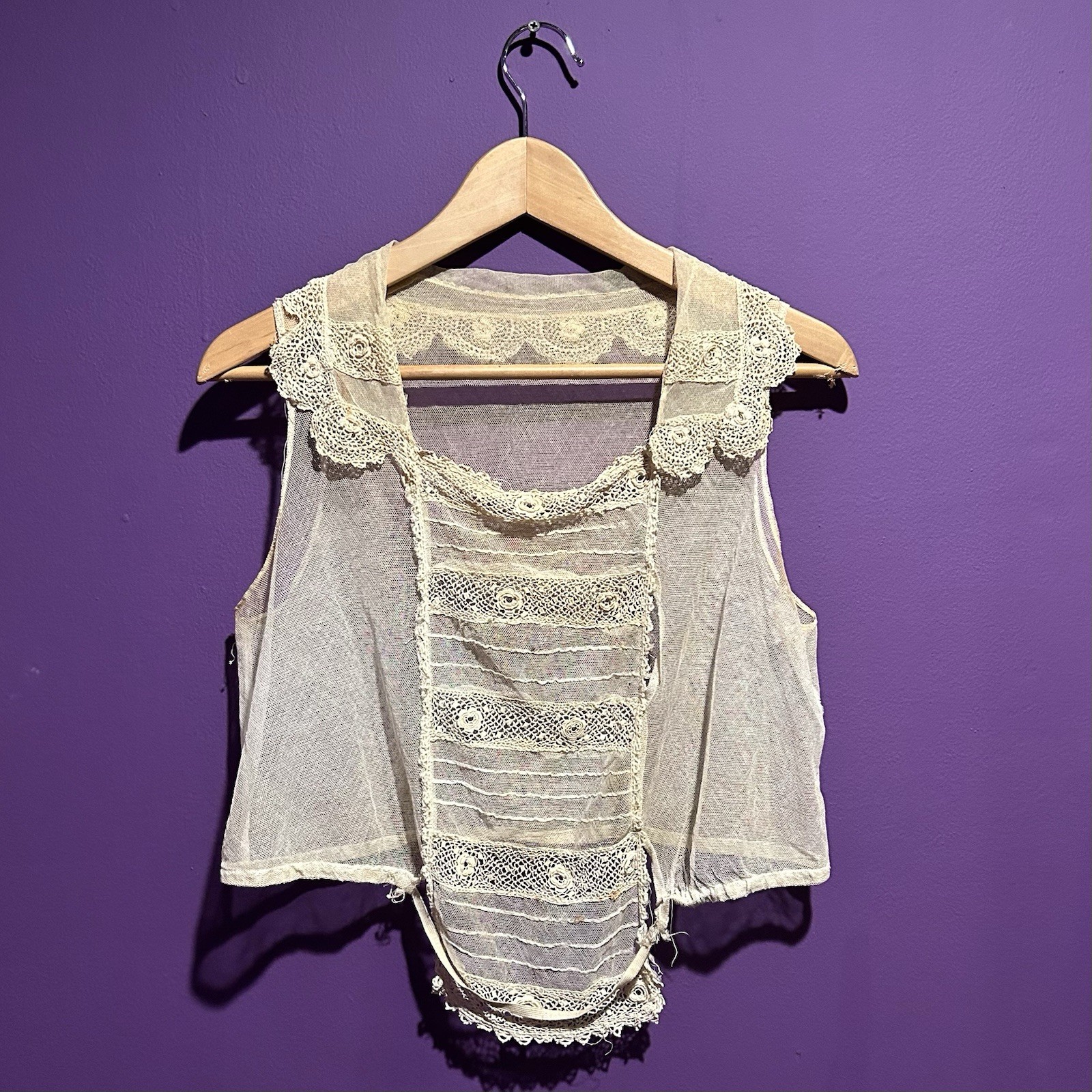 Antique Edwardian 1910 Cotton Net Lace Corset Cover Camisole Lingerie Size S/M
