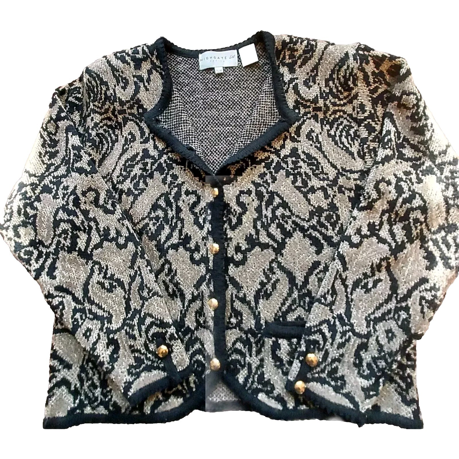 HIGHGATE ltd. Vintage 80’s Black and Gold Boxy Cardigan Petite Medium Button-Up