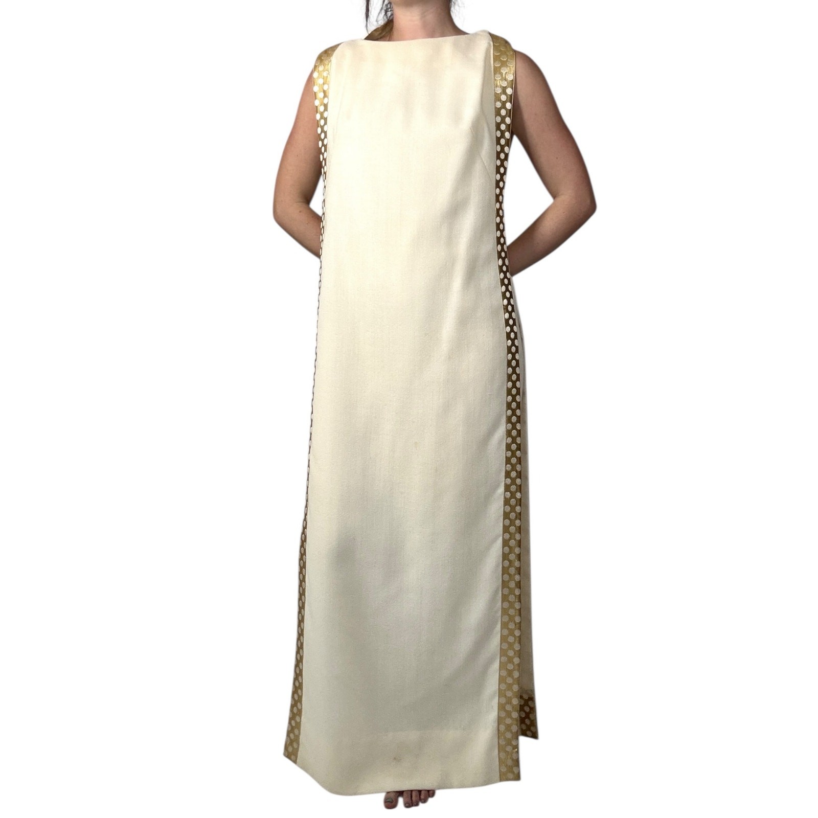 Vintage 1960s White Wool Jumpsuit Peer Label Metallic Gold Polka Dot Cape Mod
