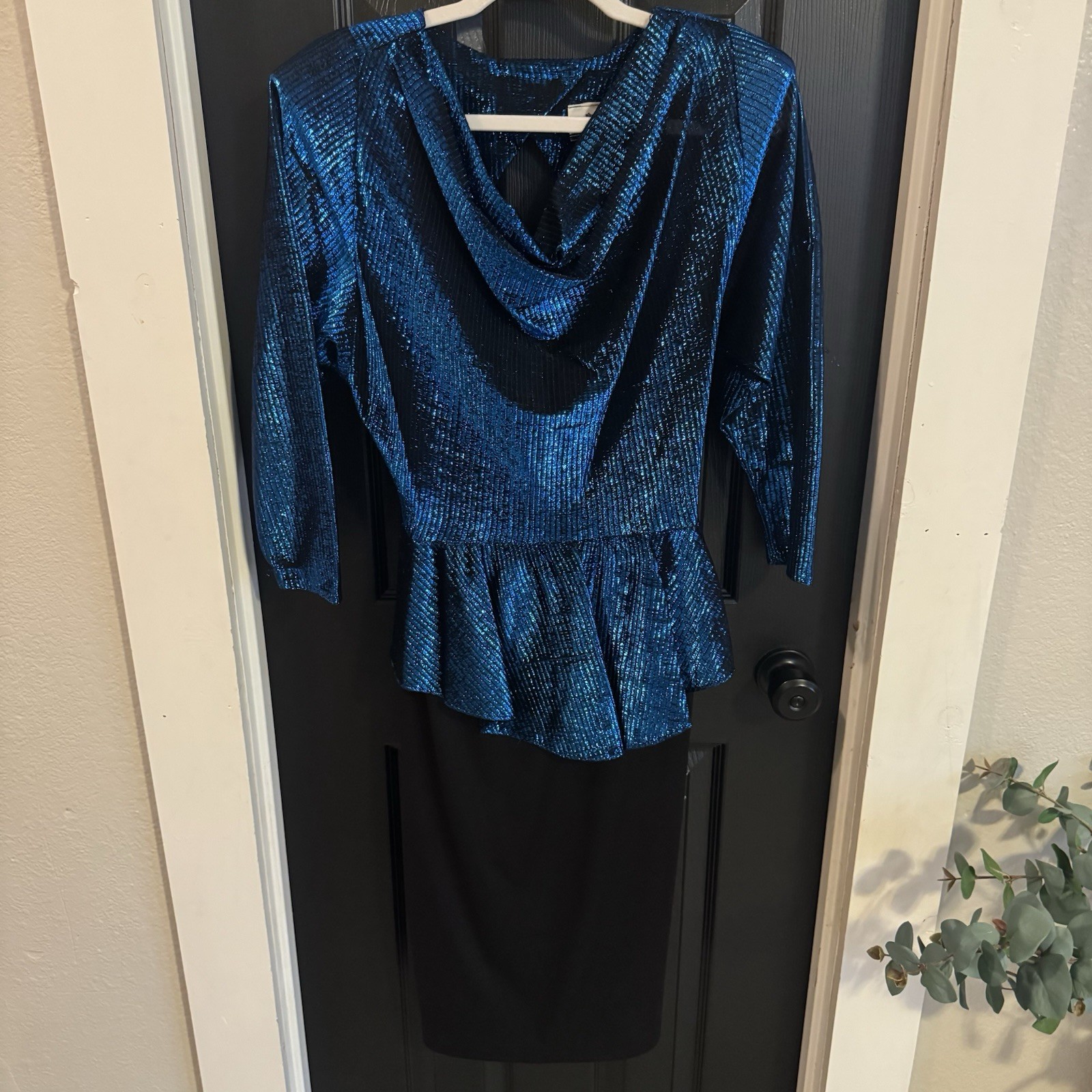 Vintage TJuniors Size 9 Peplum Blue And Black Knee Length Dress