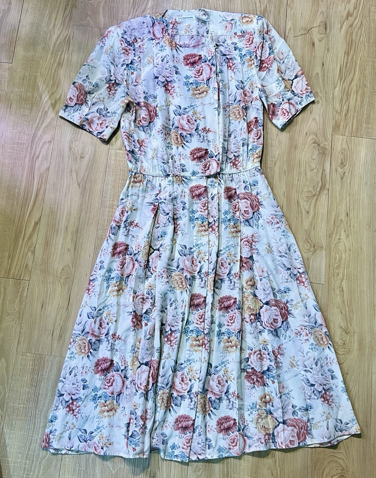 Vintage Liz Claiborne Pleated Floral A-Line Dress Size 10 Button Front Prairie