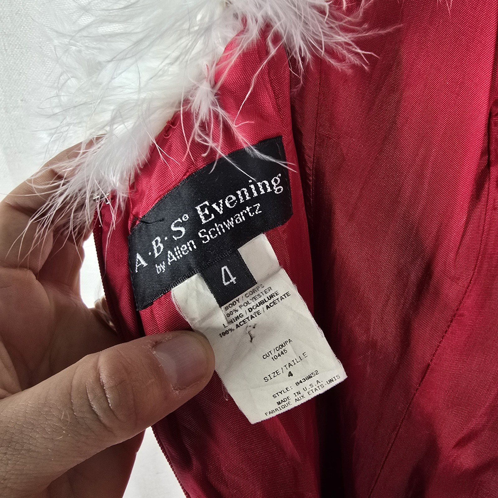 Vintage Size 4 ABS Allen Schwartz Red Mrs. Claus Christmas Feather Trim Dress