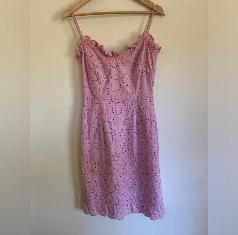 Moschino Jeans Y2K Vintage Pink Embroidery Eyelet Dress Scallop Finish EU 40