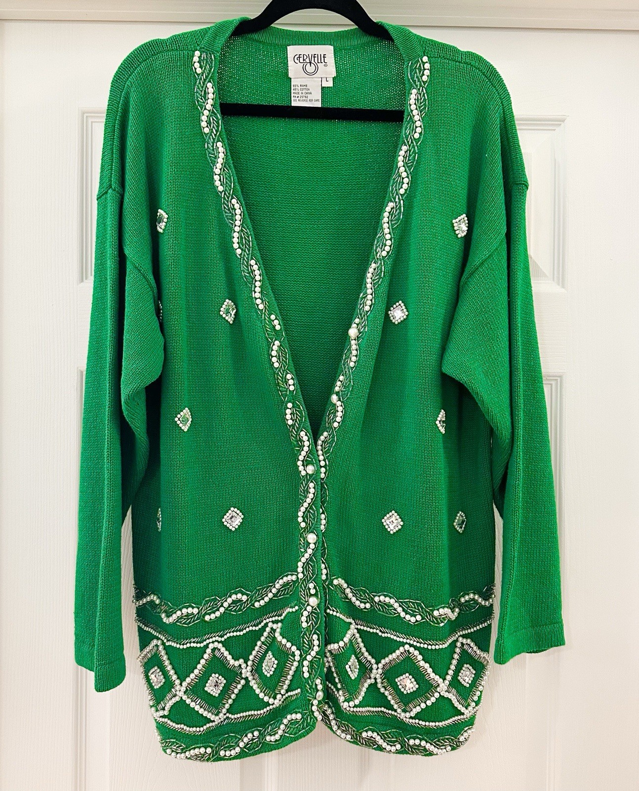 Cervelle Vintage Beaded Pearl Embellished V Neck Cardigan Sweater Kelly Green
