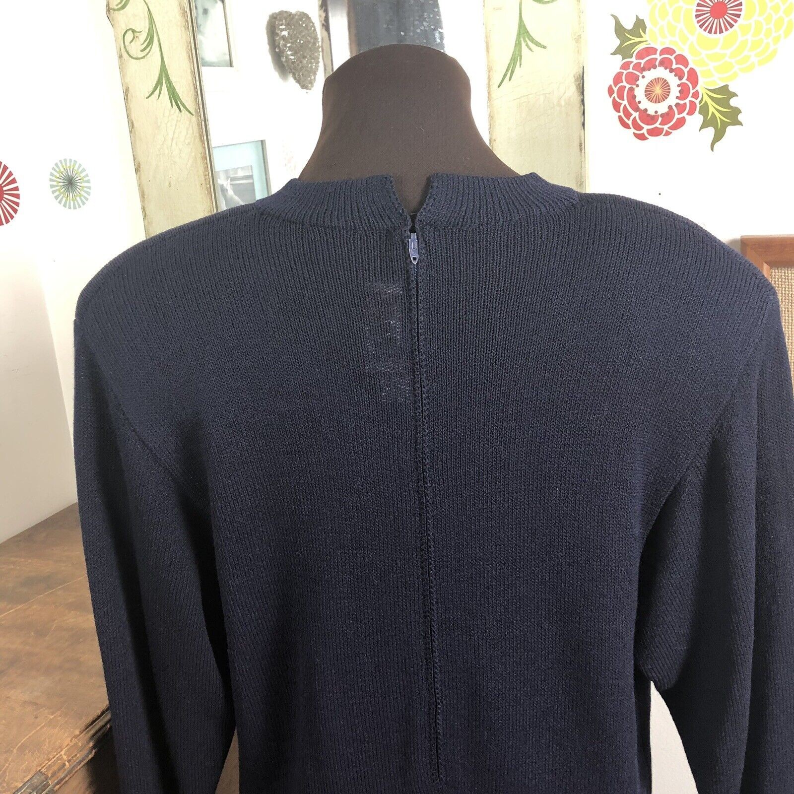Vintage St. John Santana Knit Tunic Top, 1980s Navy Blue Sweater, Sz S