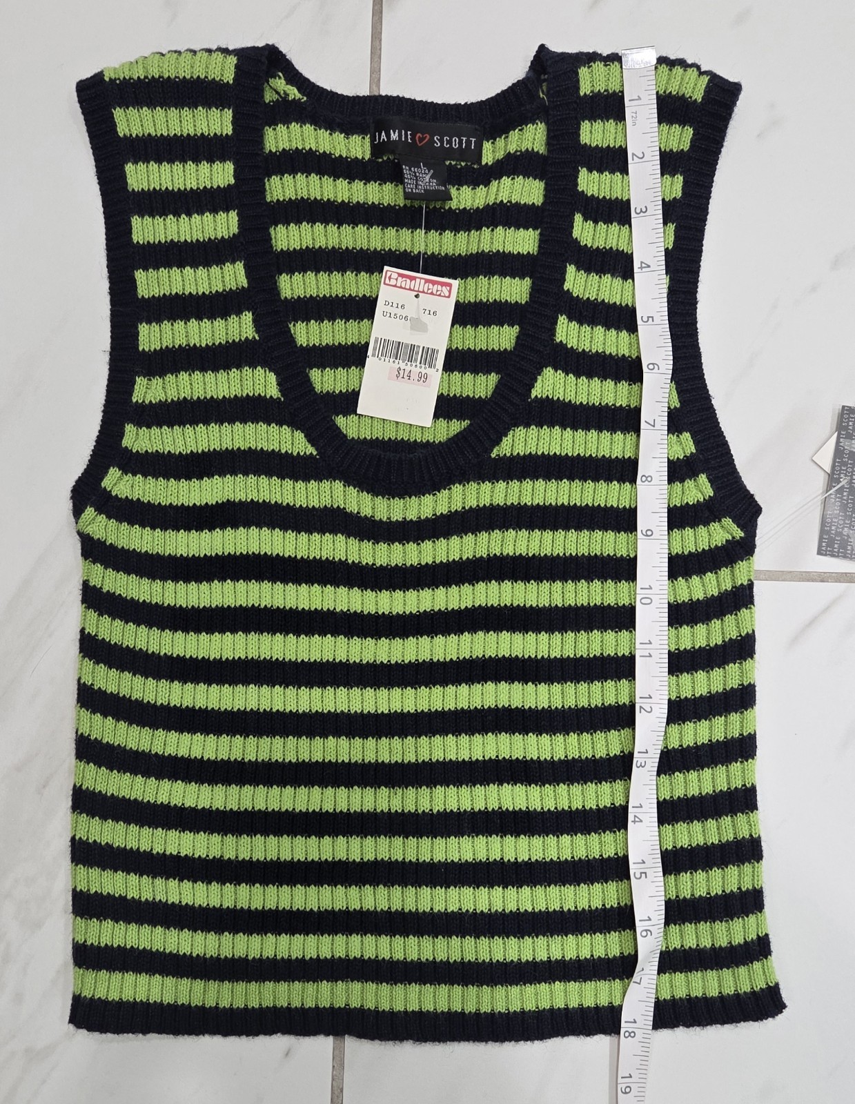 Vintage Jamie Scott NWT Striped Knit Sweater Tank Top Large Lime Green Navy