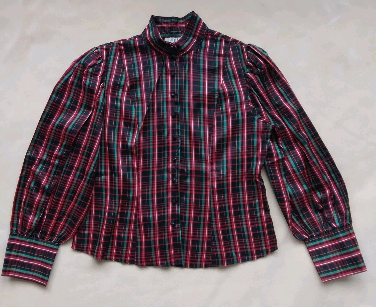 Vintage 1980s Plaid Blouse w/ Balloon Sleeves Black Red & Green Sz 12 Button Up