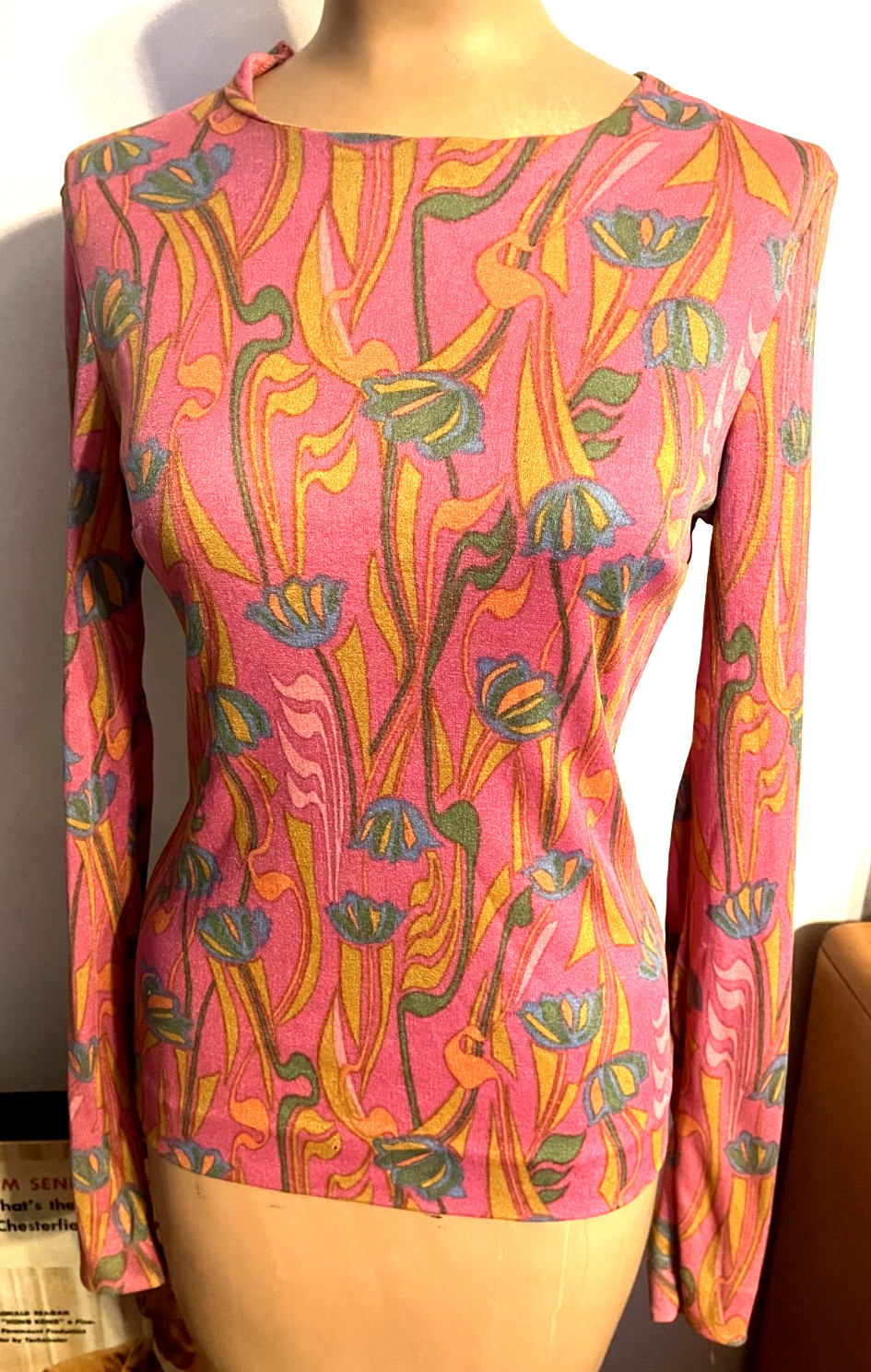 Vintage 1960’S XS Leonard Fashion Paris FRANCE-PINK FLORAL PULLOVER W/BUTTON BCK