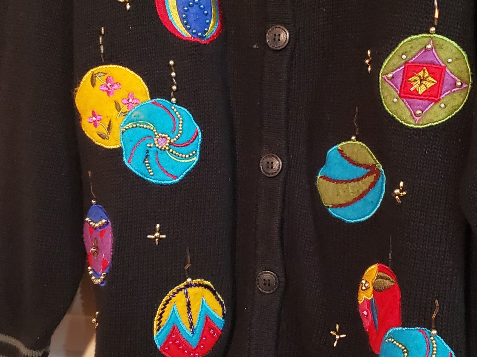 VTG Ugly Bobbie Brooks XL Christmas Sweater Cardigan Beaded Felt Ornaments Black