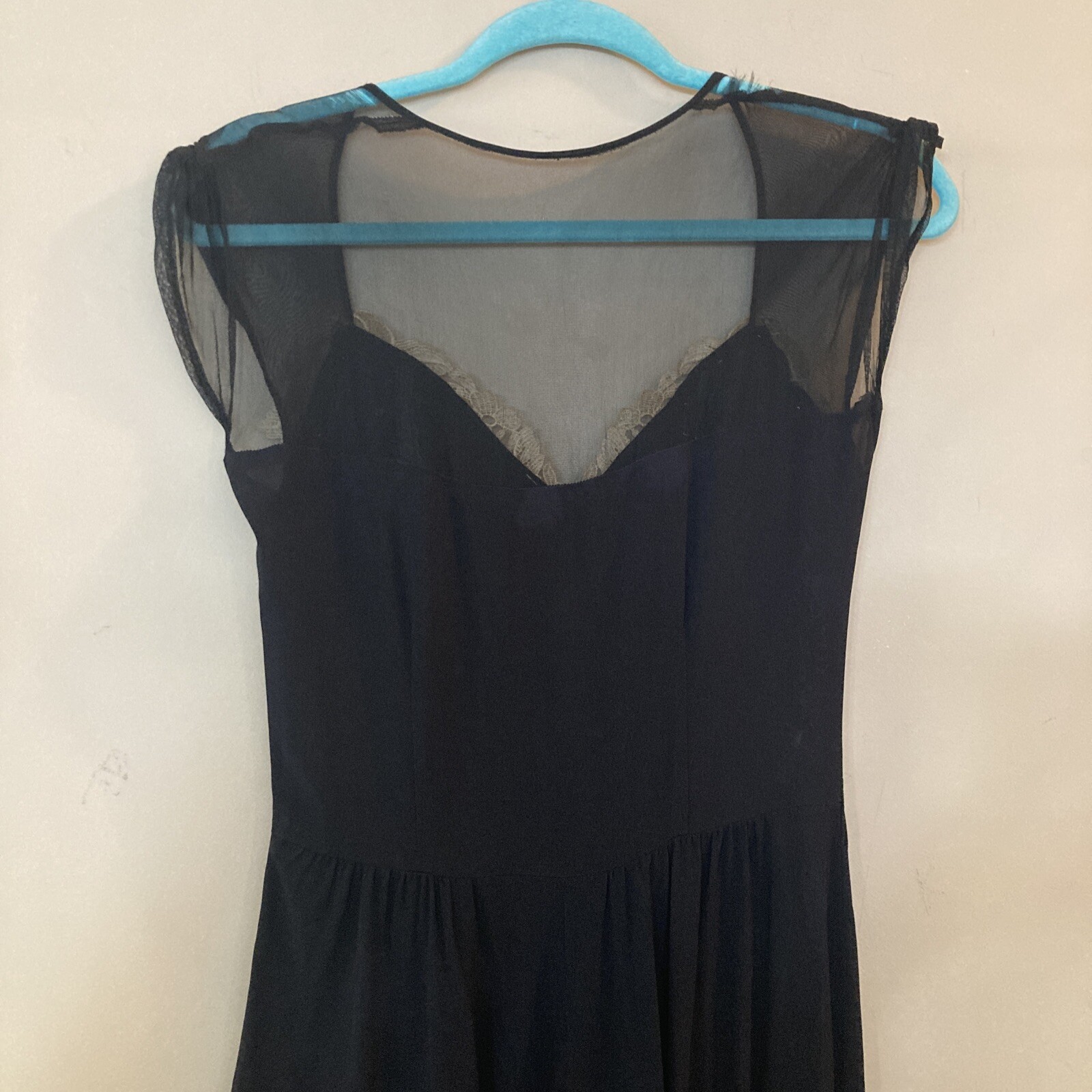 Vtg Women’s 40s Black Crepe Rayon Dress W/lace 1940s Formal Hostess Handmade
