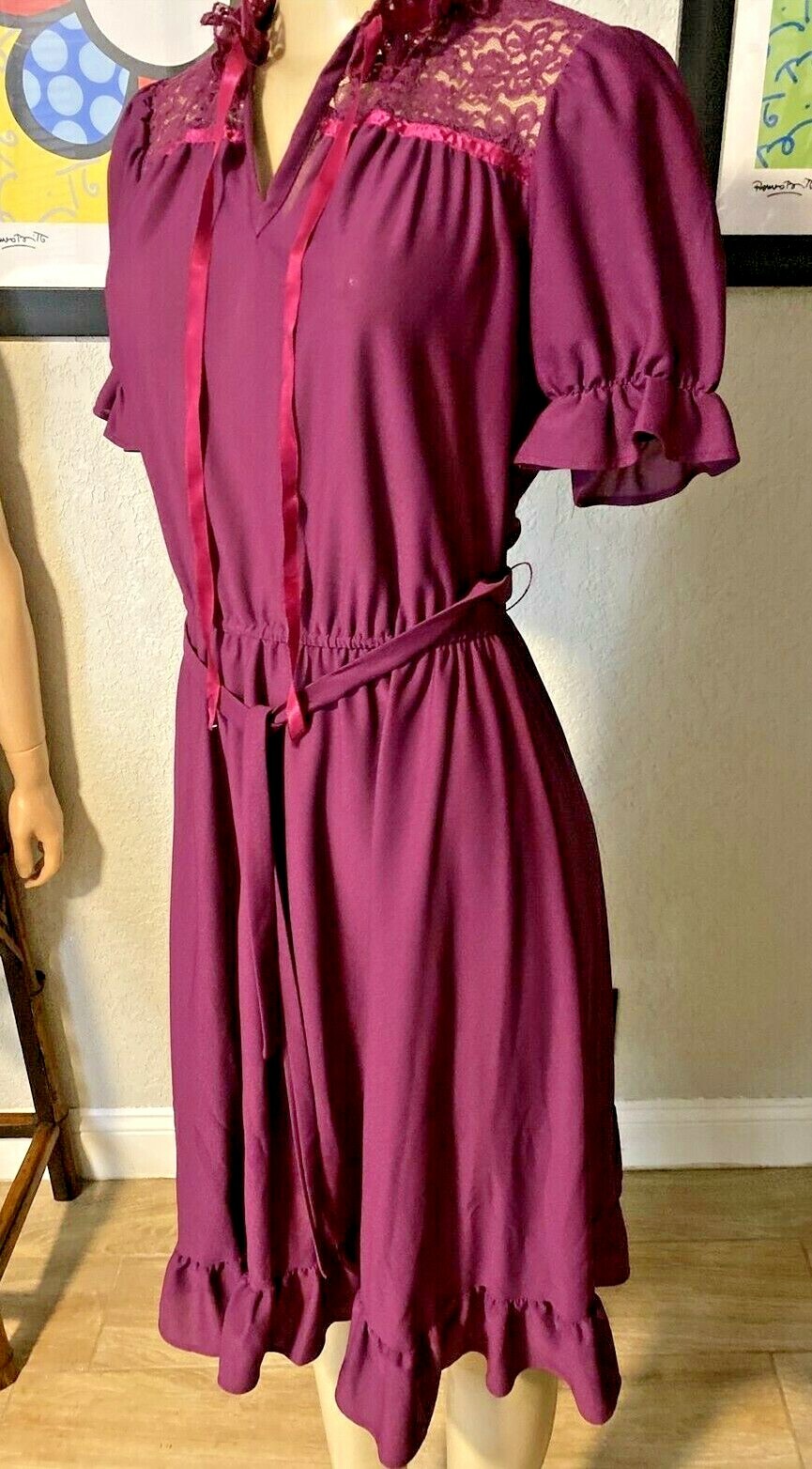Jerri Gee Vtg 70’s S/S Lace/Ruffle Prairie Boho Victorian Dress Sz 7 PURPLE Y8