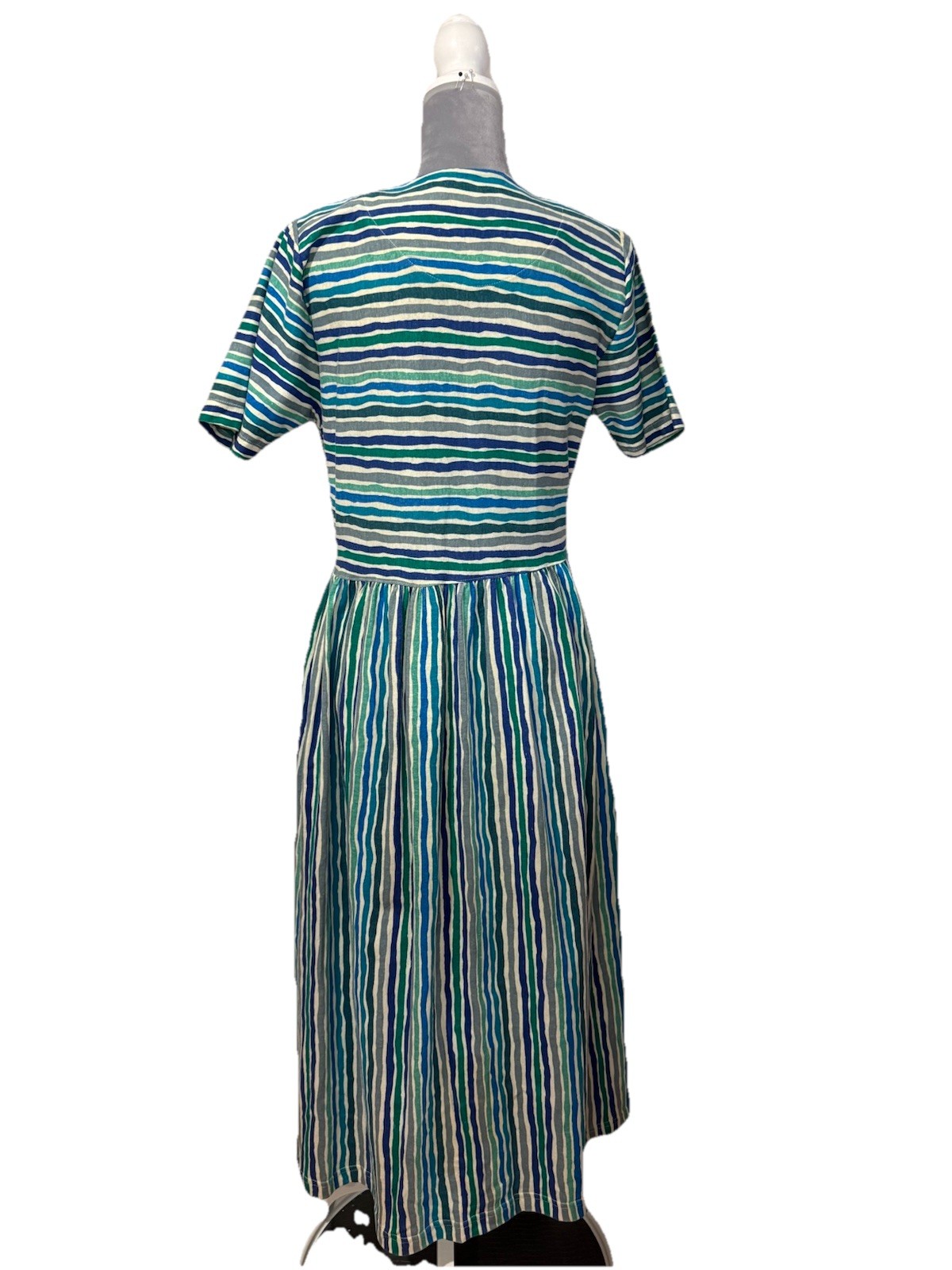 FADS Vintage 80s 90s Blue Striped Cotton Boxy Dress Sz M Cottagecore Modest