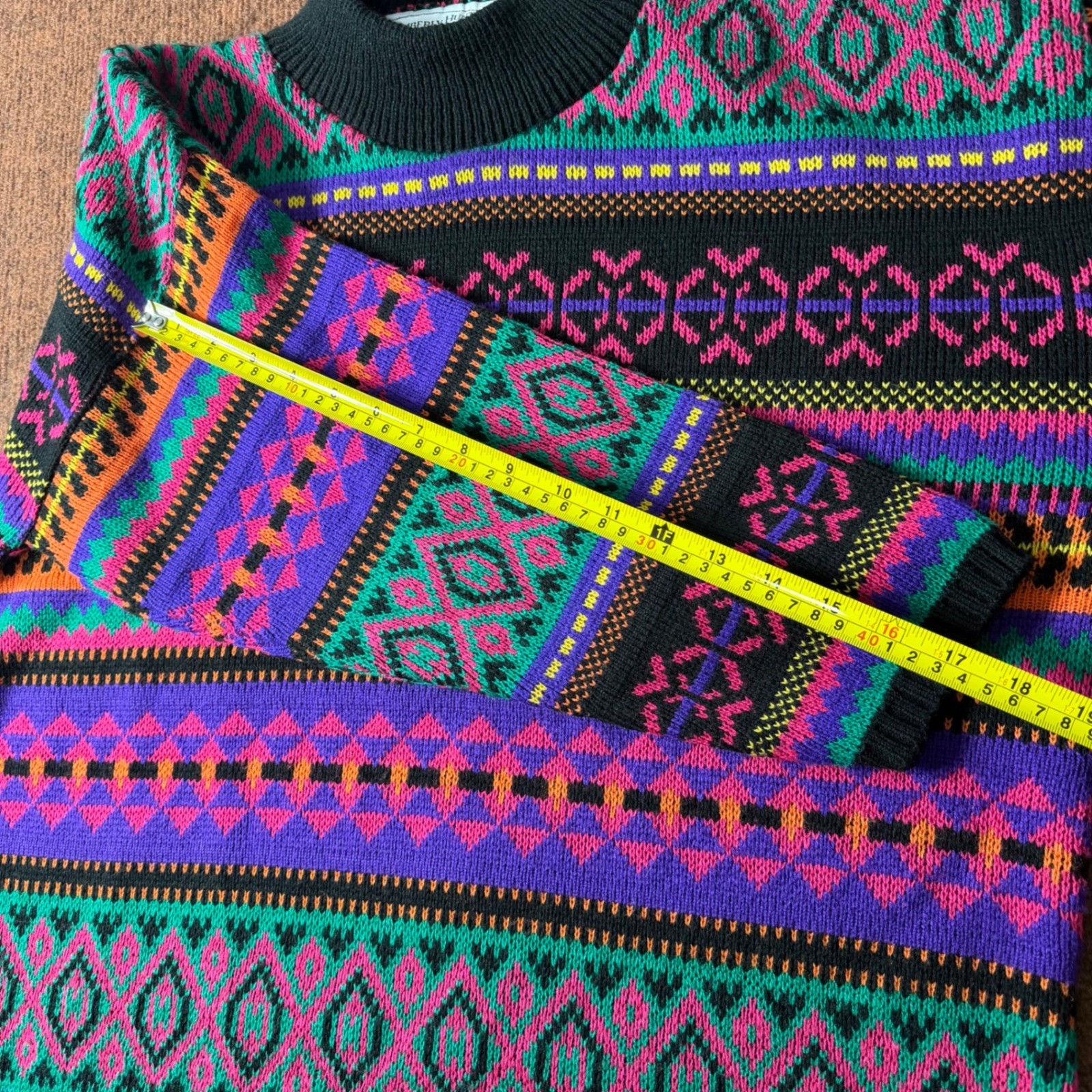 Vintage Kimberly Hunter Neon Geometric Fair Isle Mock Neck Sweater USA Made XL