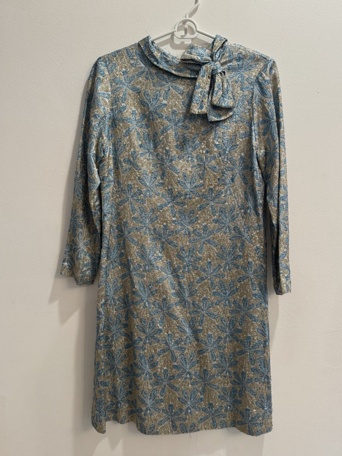 VTG 1960s BlueGold A-line Mini Dress With Metallic Threads Cocktail MCM Glam