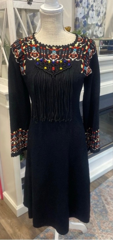 VTG Fringe and Beaded 70s Knit Dress size small