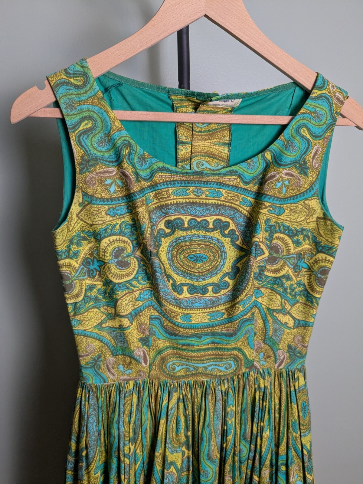 Paisley Green Yellow Reworked Vintage 1960s Fit Flare Dress