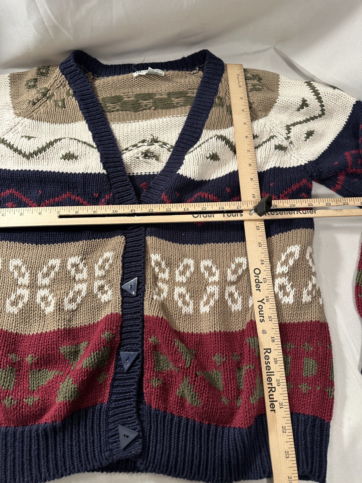 Vtg Patterned Blue Beige Red Green Cardigan Sweater 80’s Colorful Sz L Unisex