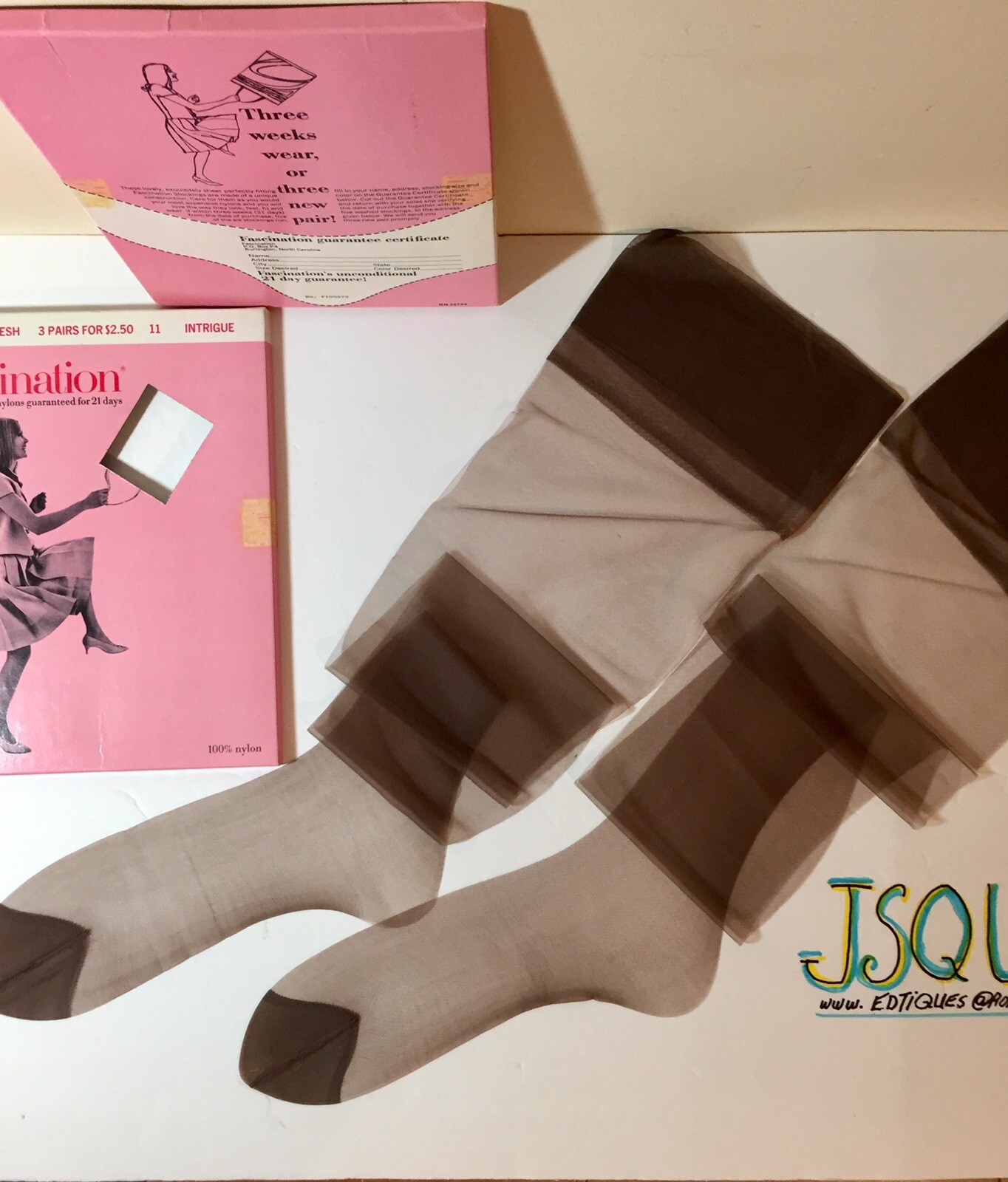 Vintage 3 Pairs 11 X 35” FASCINATION Nylon Stockings Intrigue Demi~Toe Nude Heel