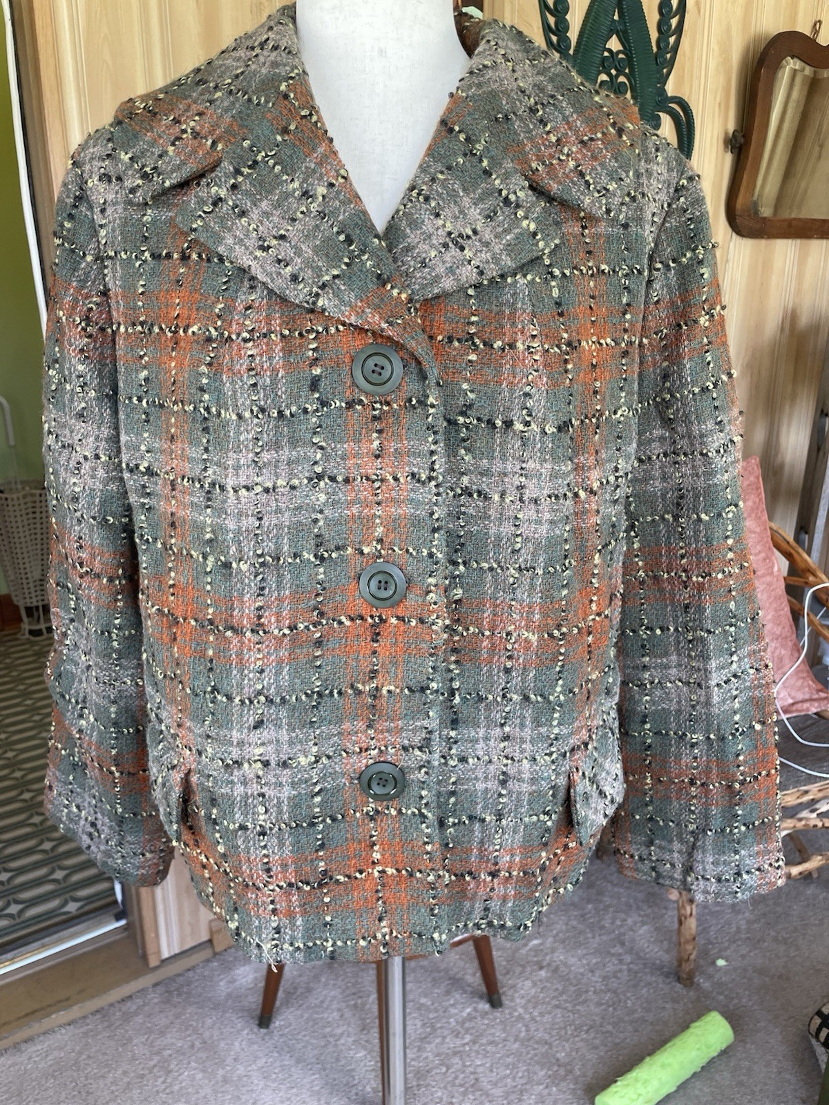 Vintage 60s Mod Boxy Plaid Wool Tweed Boucle Jacket Blazer Short Coat Large