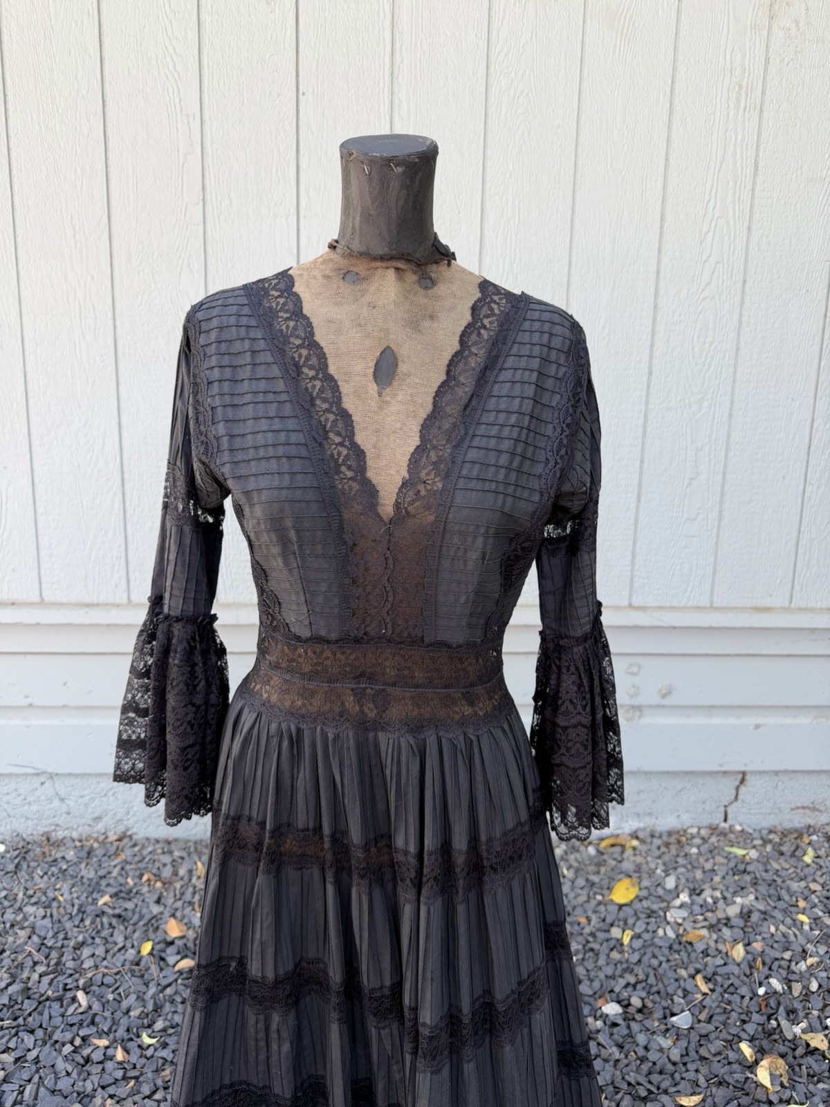 60s/70s Black Cotton Lace Maxi Dress Victorian Prairie Gothic Romantic Vintage