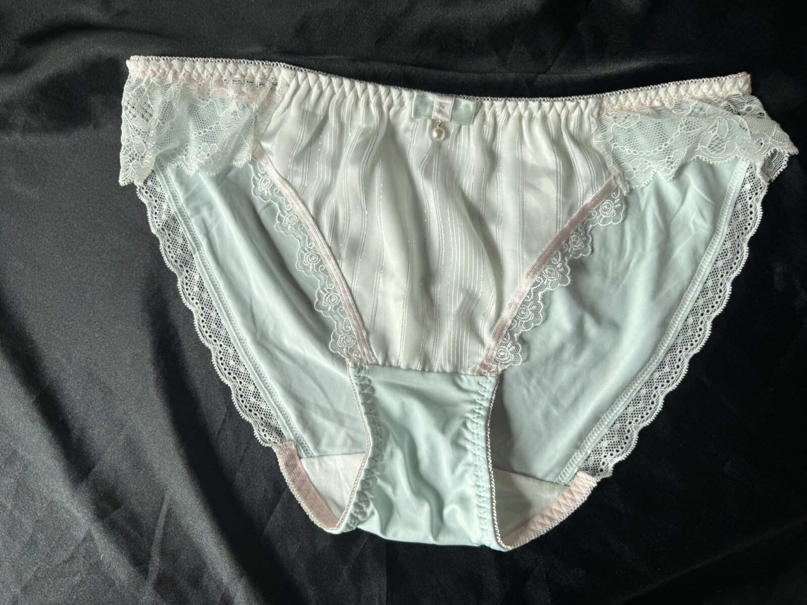 Vtg Style Silky Satin Soft Nylon Silver Thread Lace Side Panties Sc XL