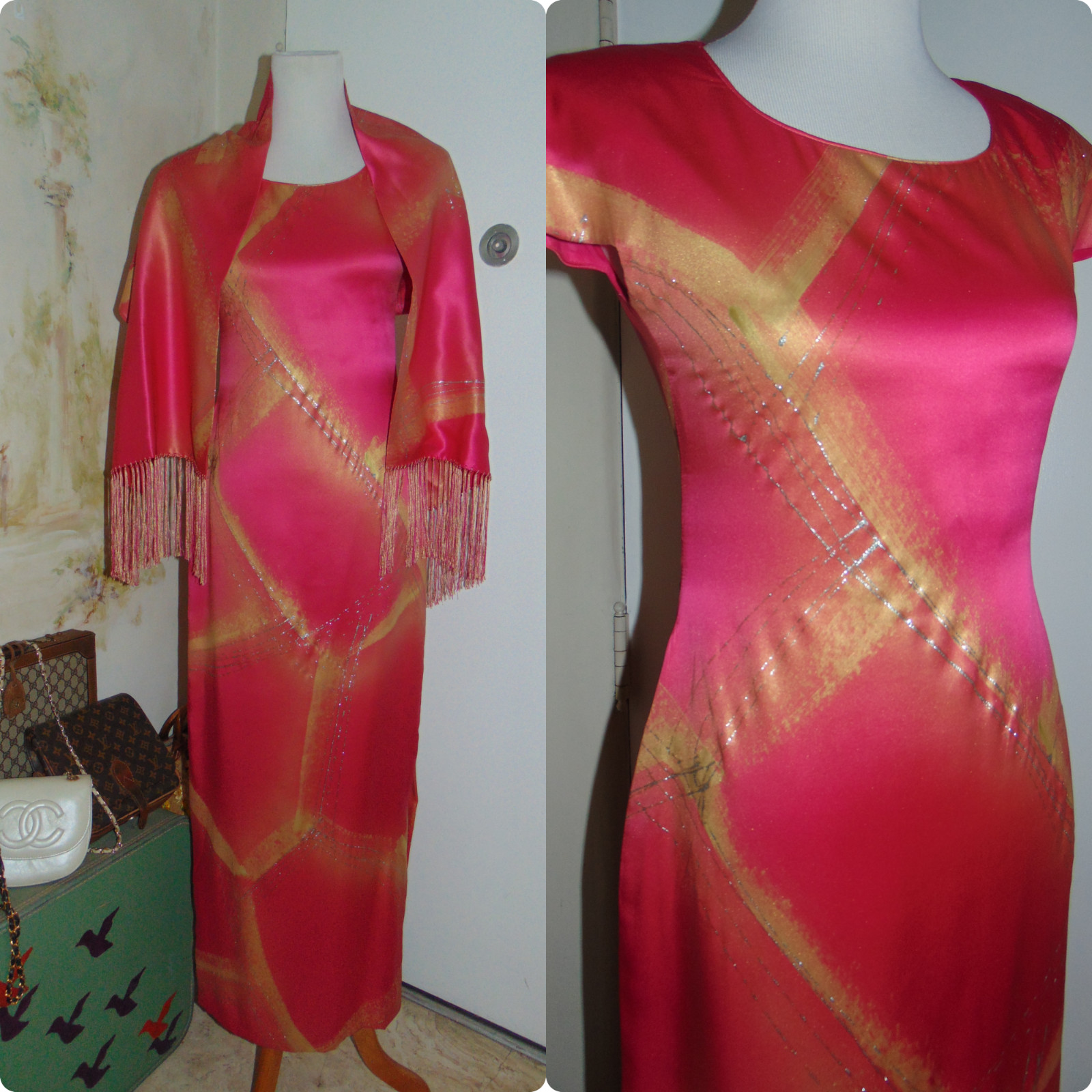 William Pearson Designer Vintage Dress Cheongsam Slit Rose Pink Gold Silver sz 6